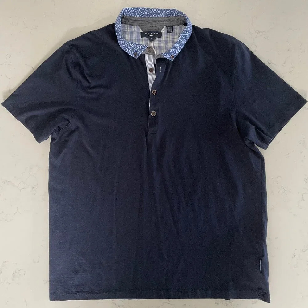 Ted Baker London SS Cotton Polo Shirt Floral Collar Navy Med Blue Wht Sz M NWOT